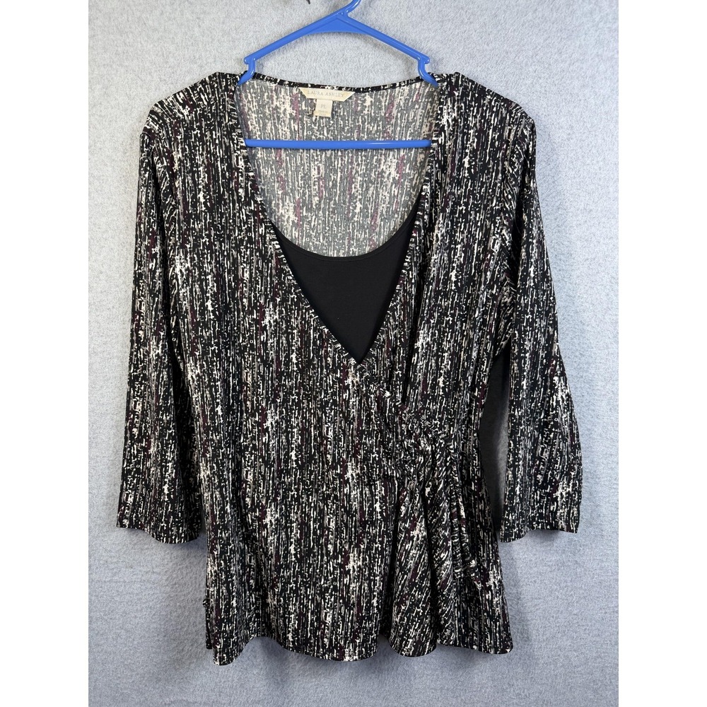 Laura Ashley Blouse Womens PL Black Geometric‎ Faux Wrap 3/4 Sleeve Tunic Top